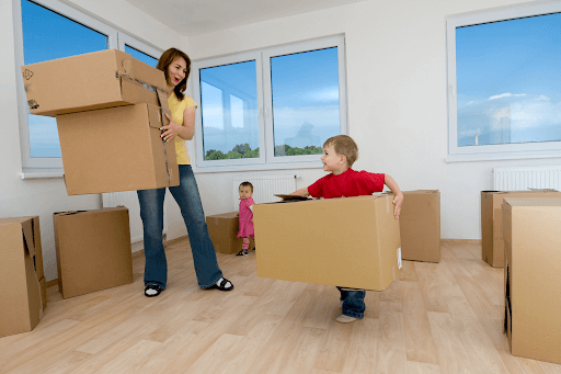 mother & children holding boxes